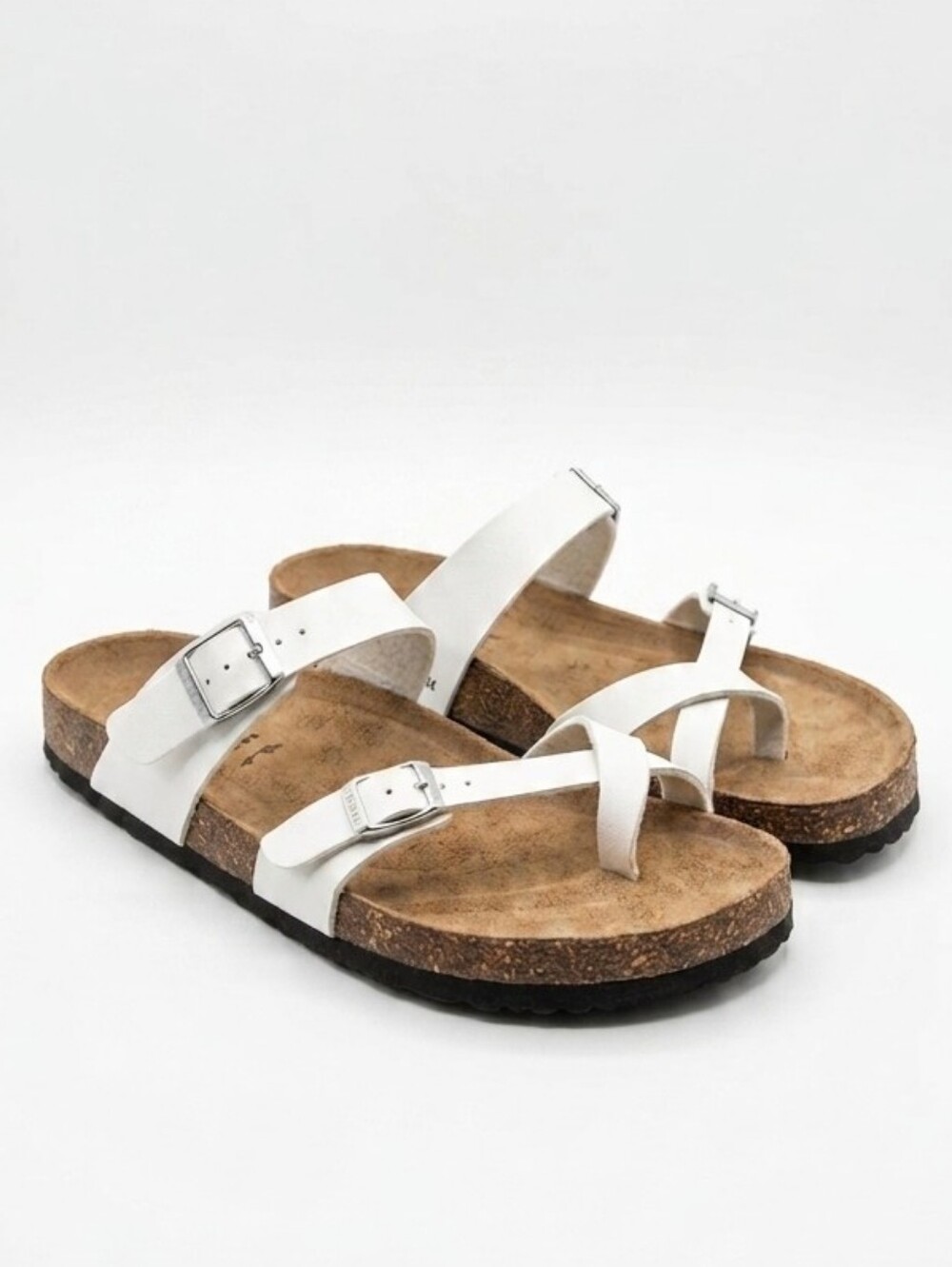 NIB Outwoods Bork White Double Buckle Toe Loop Sandals Cork Slide Mules 9 Mayari